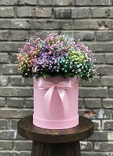 Цветочная композиция из Гипсофила и Розы в шляпной коробке в Мончегорске