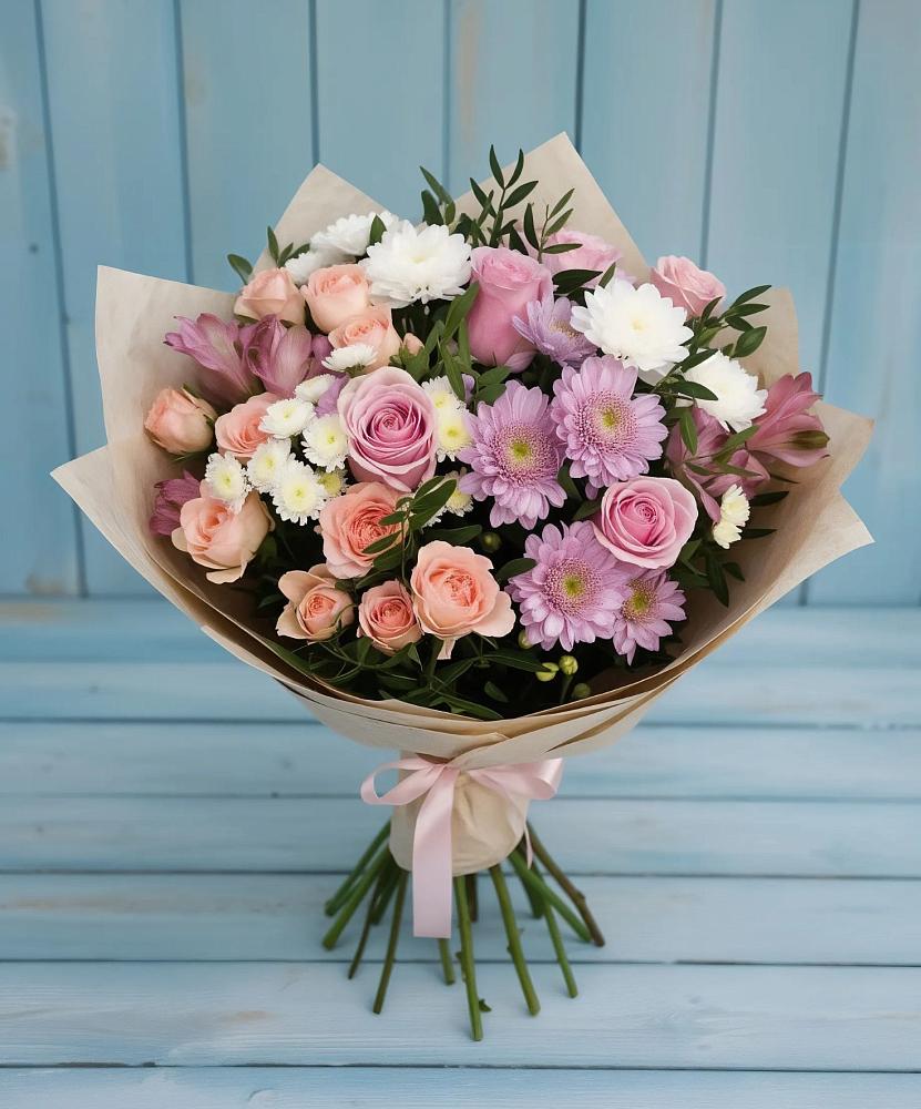 Букет цветов из: Хризантемы, Розы и Альстромерии в Мончегорске