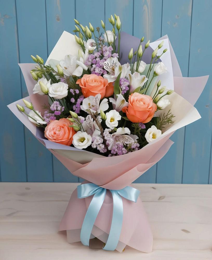 Букет цветов из: Лизиантусы, Розы, Альстромерии и Гипсофила в Мончегорске