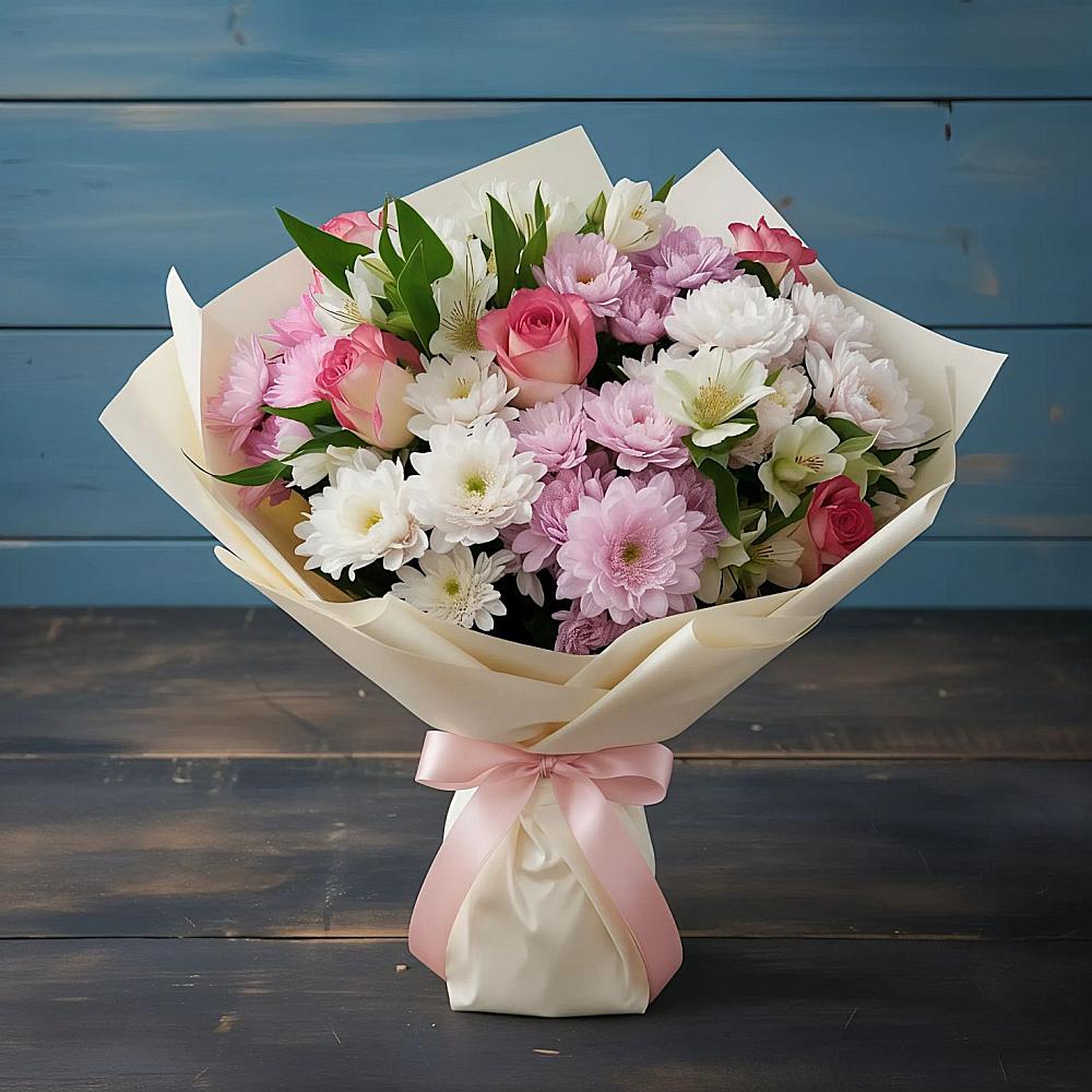 Букет цветов из: Хризантемы, Альстромерии и Розы в Мончегорске